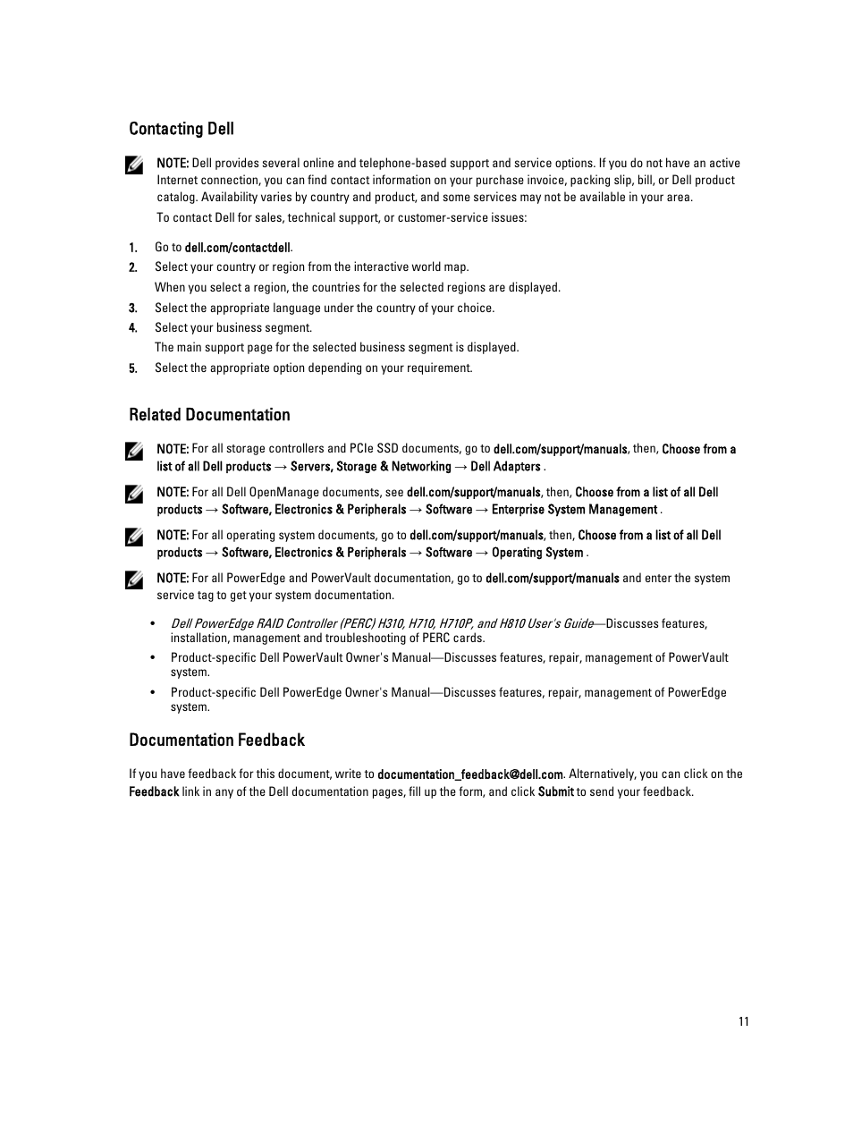 Contacting dell, Related documentation, Documentation feedback | Dell PowerEdge RAID Controller H710 User Manual | Page 11 / 87