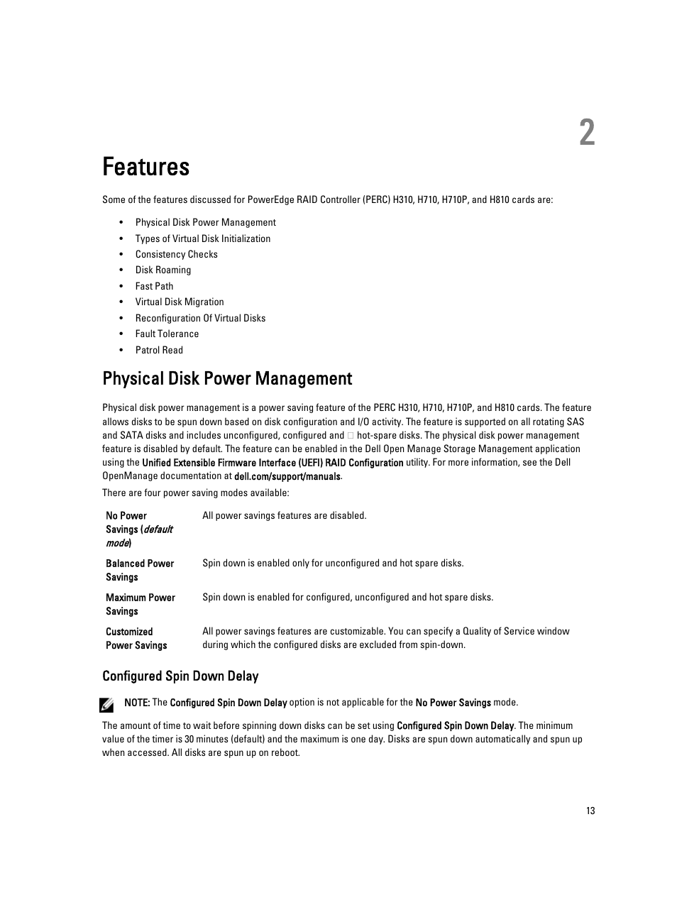 Features, Physical disk power management, Configured spin down delay | 2 features | Dell PowerEdge RAID Controller H710 User Manual | Page 13 / 87
