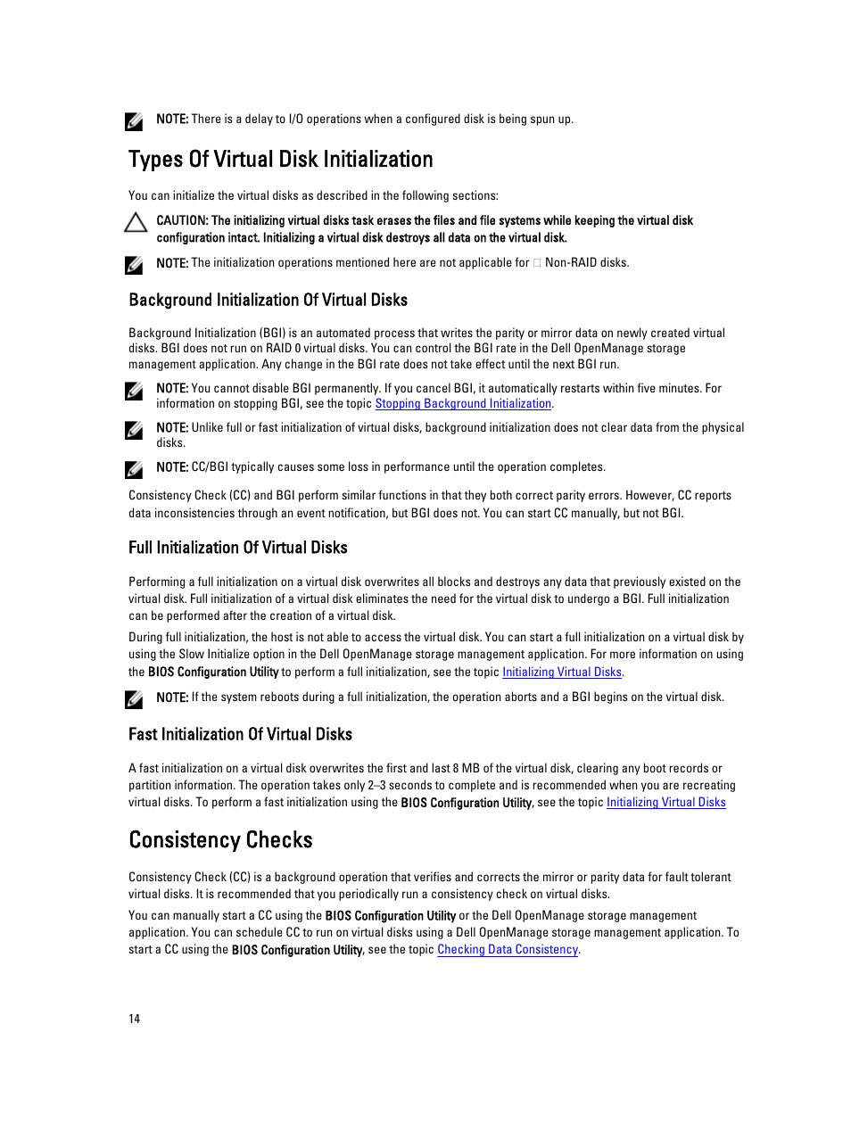 Types of virtual disk initialization, Background initialization of virtual disks, Full initialization of virtual disks | Fast initialization of virtual disks, Consistency checks | Dell PowerEdge RAID Controller H710 User Manual | Page 14 / 87
