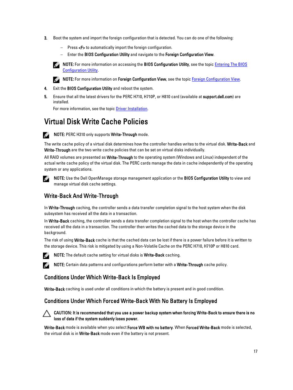 Virtual disk write cache policies, Write-back and write-through, Conditions under which write-back is employed | Dell PowerEdge RAID Controller H710 User Manual | Page 17 / 87