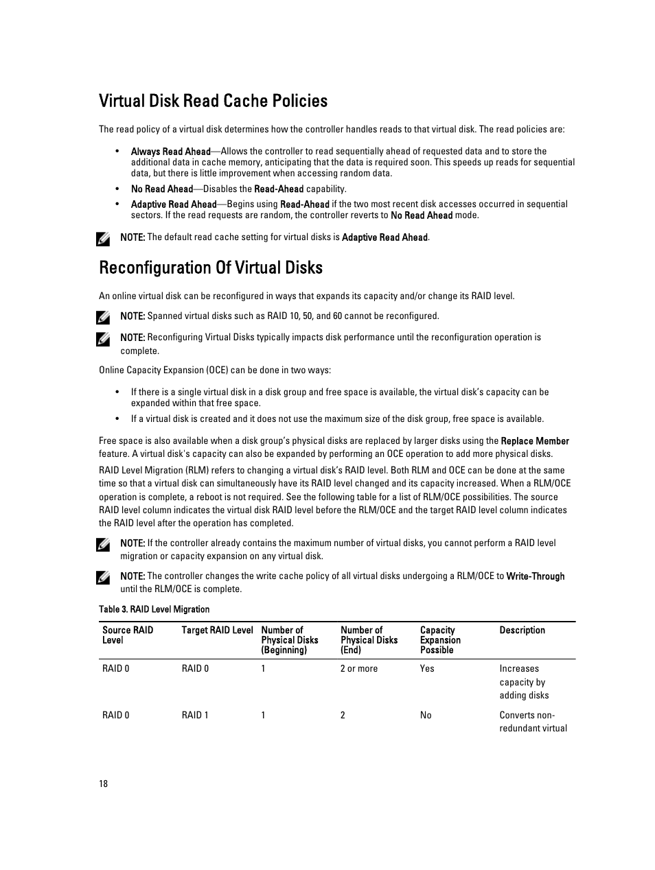 Virtual disk read cache policies, Reconfiguration of virtual disks | Dell PowerEdge RAID Controller H710 User Manual | Page 18 / 87