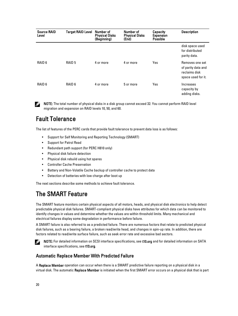 Fault tolerance, The smart feature, Automatic replace member with predicted failure | Dell PowerEdge RAID Controller H710 User Manual | Page 20 / 87