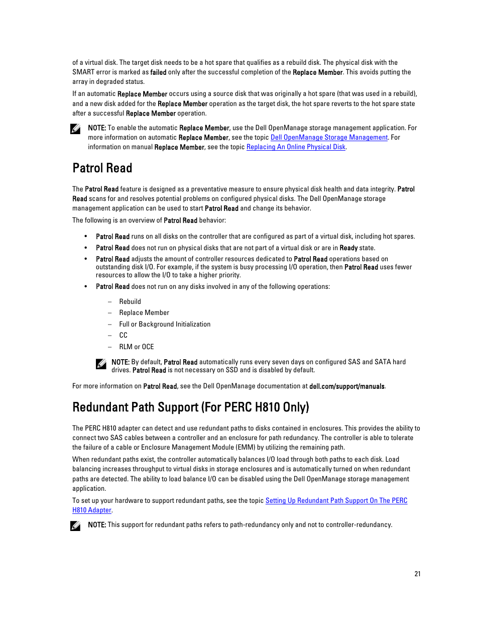 Patrol read, Redundant path support (for perc h810 only) | Dell PowerEdge RAID Controller H710 User Manual | Page 21 / 87