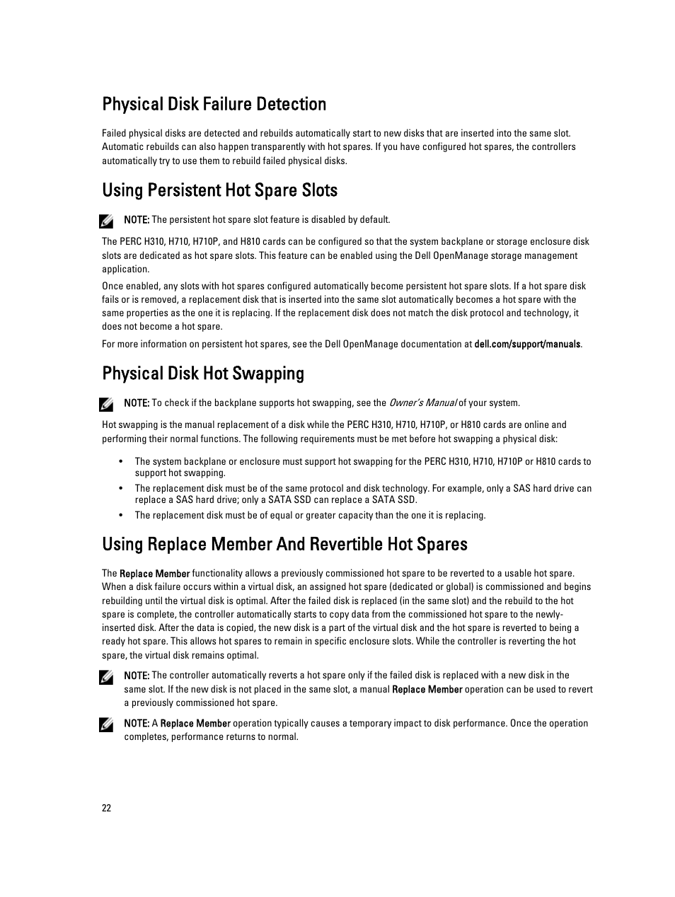 Physical disk failure detection, Using persistent hot spare slots, Physical disk hot swapping | Using replace member and revertible hot spares | Dell PowerEdge RAID Controller H710 User Manual | Page 22 / 87