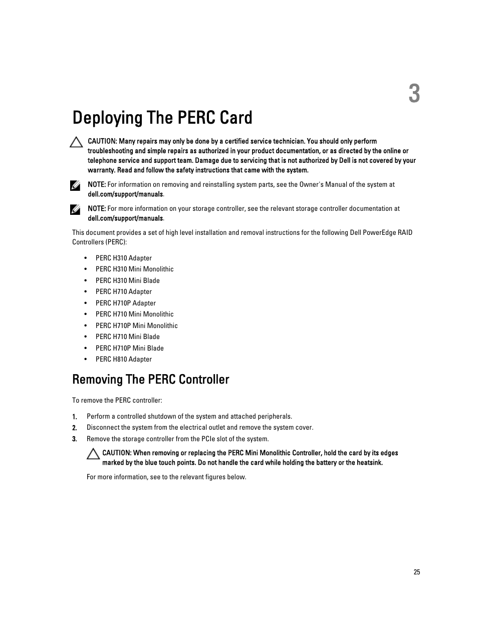 Deploying the perc card, Removing the perc controller, 3 deploying the perc card | Dell PowerEdge RAID Controller H710 User Manual | Page 25 / 87