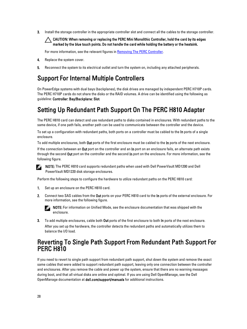 Support for internal multiple controllers, Setting up redundant path support on the perc, H810 adapter | Dell PowerEdge RAID Controller H710 User Manual | Page 28 / 87