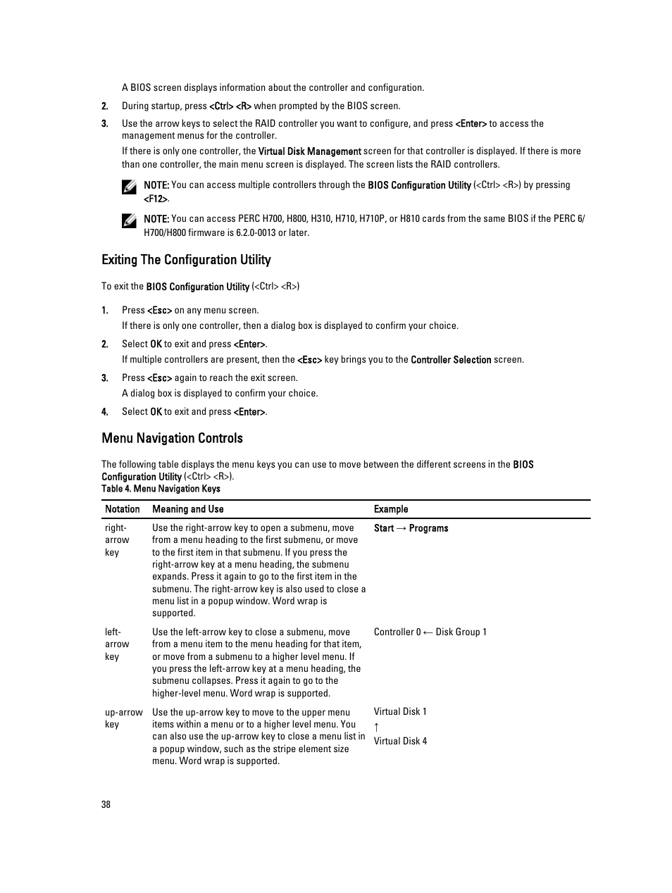 Exiting the configuration utility, Menu navigation controls | Dell PowerEdge RAID Controller H710 User Manual | Page 38 / 87