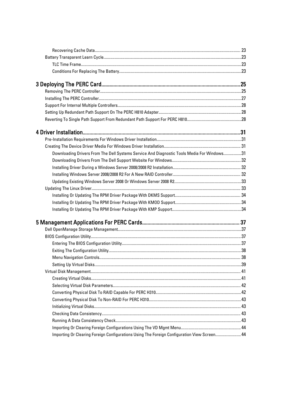 3 deploying the perc card, 4 driver installation, 5 management applications for perc cards | Dell PowerEdge RAID Controller H710 User Manual | Page 4 / 87