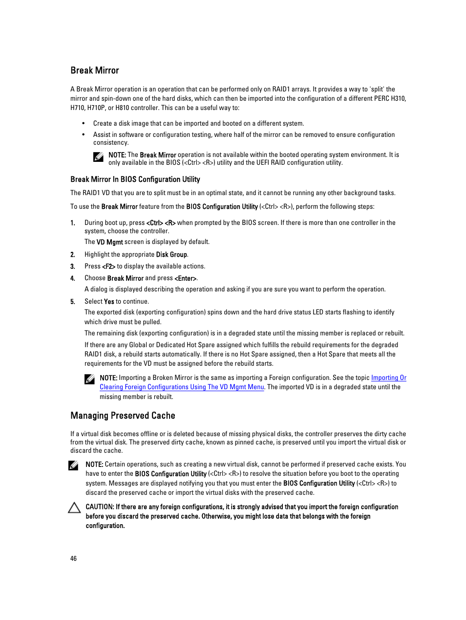 Break mirror, Managing preserved cache | Dell PowerEdge RAID Controller H710 User Manual | Page 46 / 87