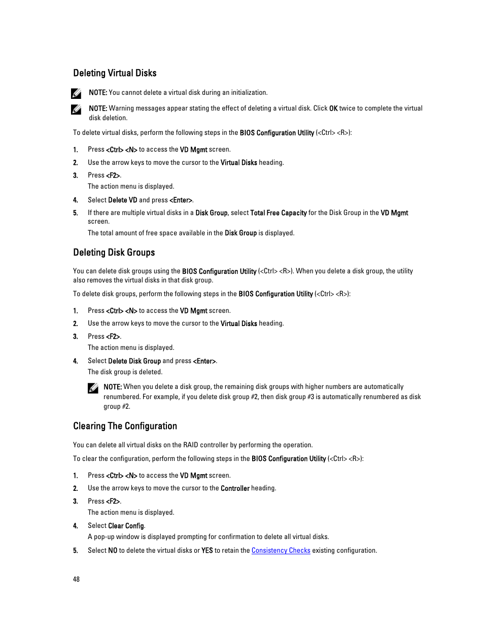 Deleting virtual disks, Deleting disk groups, Clearing the configuration | Dell PowerEdge RAID Controller H710 User Manual | Page 48 / 87