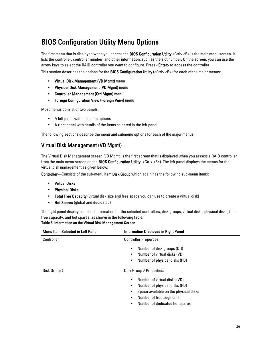 Bios configuration utility menu options, Virtual disk management (vd mgmt) | Dell PowerEdge RAID Controller H710 User Manual | Page 49 / 87