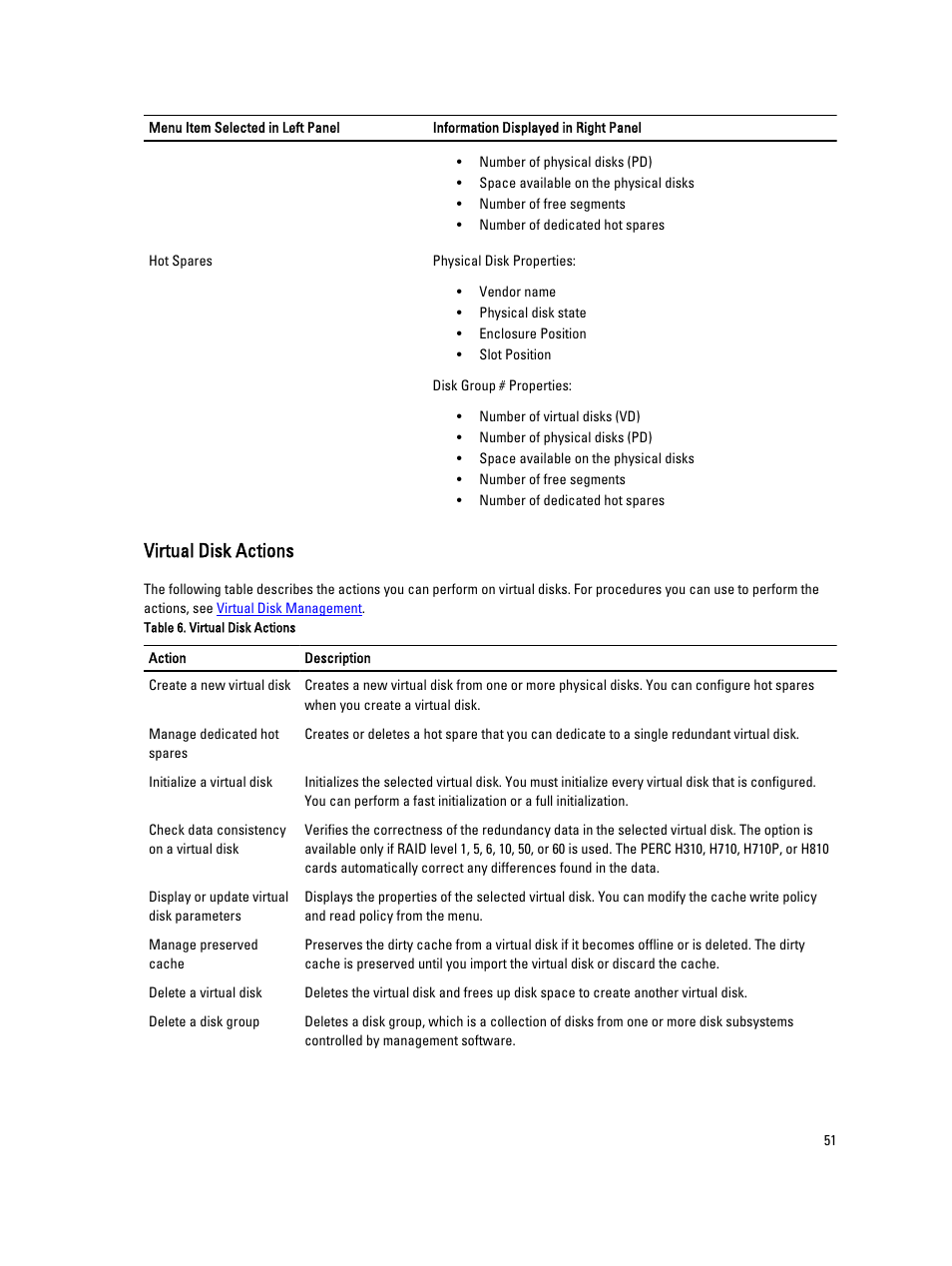 Virtual disk actions | Dell PowerEdge RAID Controller H710 User Manual | Page 51 / 87