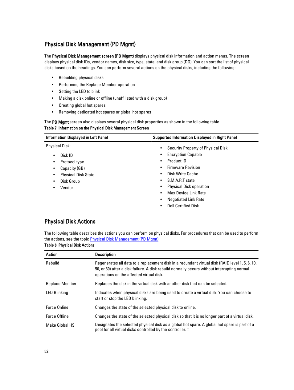 Physical disk management (pd mgmt), Physical disk actions | Dell PowerEdge RAID Controller H710 User Manual | Page 52 / 87