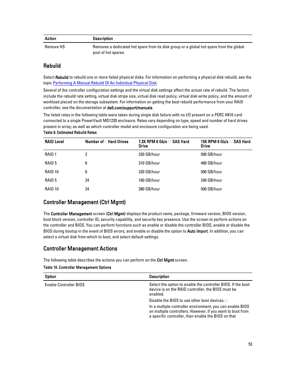 Rebuild, Controller management (ctrl mgmt), Controller management actions | Dell PowerEdge RAID Controller H710 User Manual | Page 53 / 87