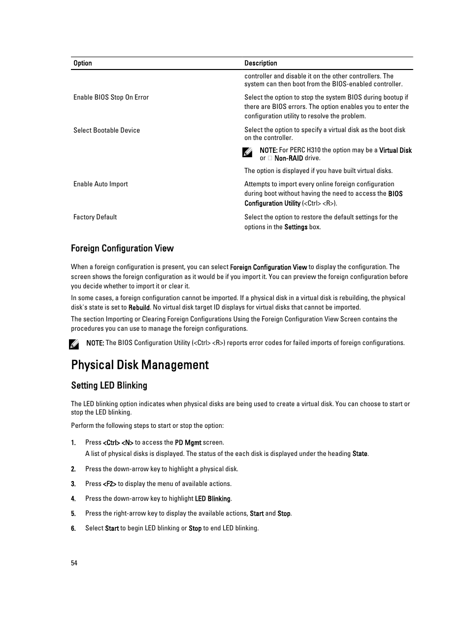 Foreign configuration view, Physical disk management, Setting led blinking | See the topic | Dell PowerEdge RAID Controller H710 User Manual | Page 54 / 87