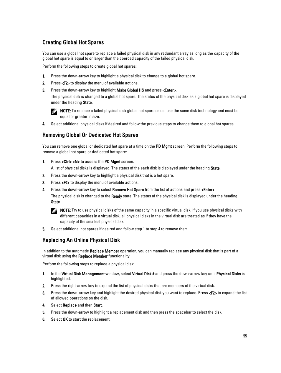 Creating global hot spares, Removing global or dedicated hot spares, Replacing an online physical disk | See the topic | Dell PowerEdge RAID Controller H710 User Manual | Page 55 / 87