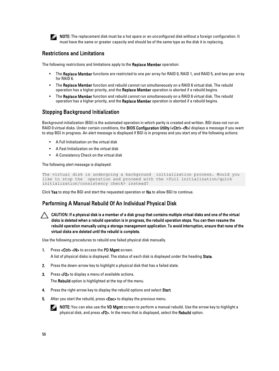 Restrictions and limitations, Stopping background initialization | Dell PowerEdge RAID Controller H710 User Manual | Page 56 / 87