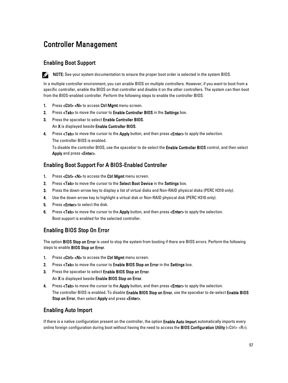 Controller management, Enabling boot support, Enabling bios stop on error | Enabling auto import | Dell PowerEdge RAID Controller H710 User Manual | Page 57 / 87