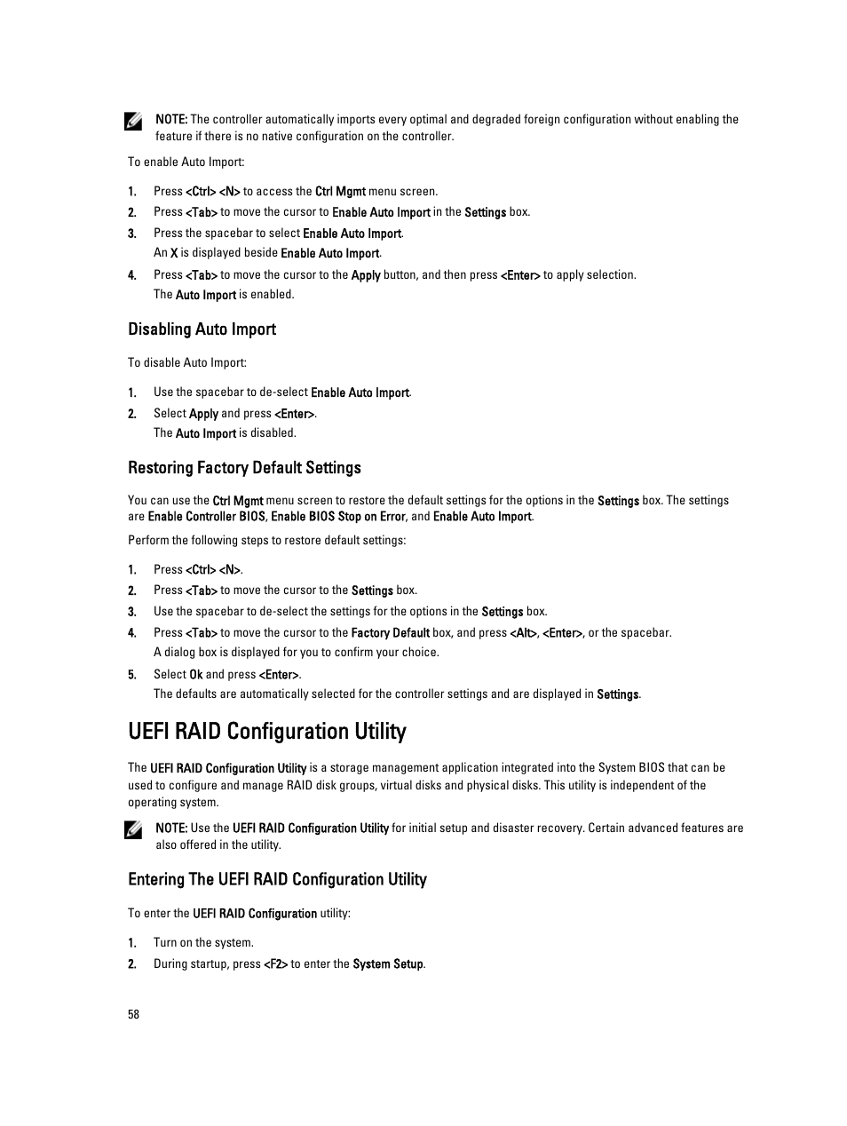 Disabling auto import, Restoring factory default settings, Uefi raid configuration utility | Entering the uefi raid configuration utility | Dell PowerEdge RAID Controller H710 User Manual | Page 58 / 87