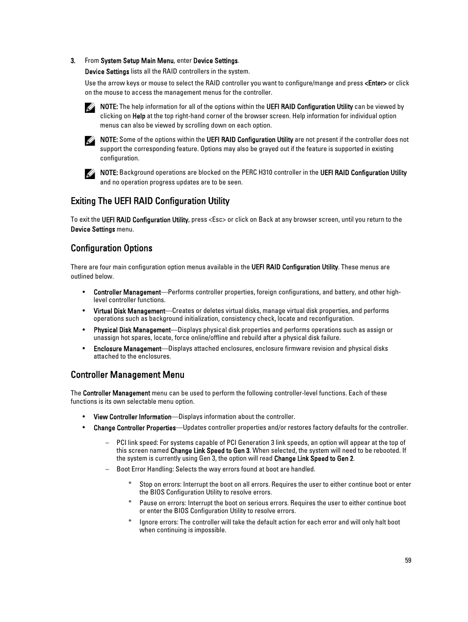 Exiting the uefi raid configuration utility, Configuration options, Controller management menu | Dell PowerEdge RAID Controller H710 User Manual | Page 59 / 87