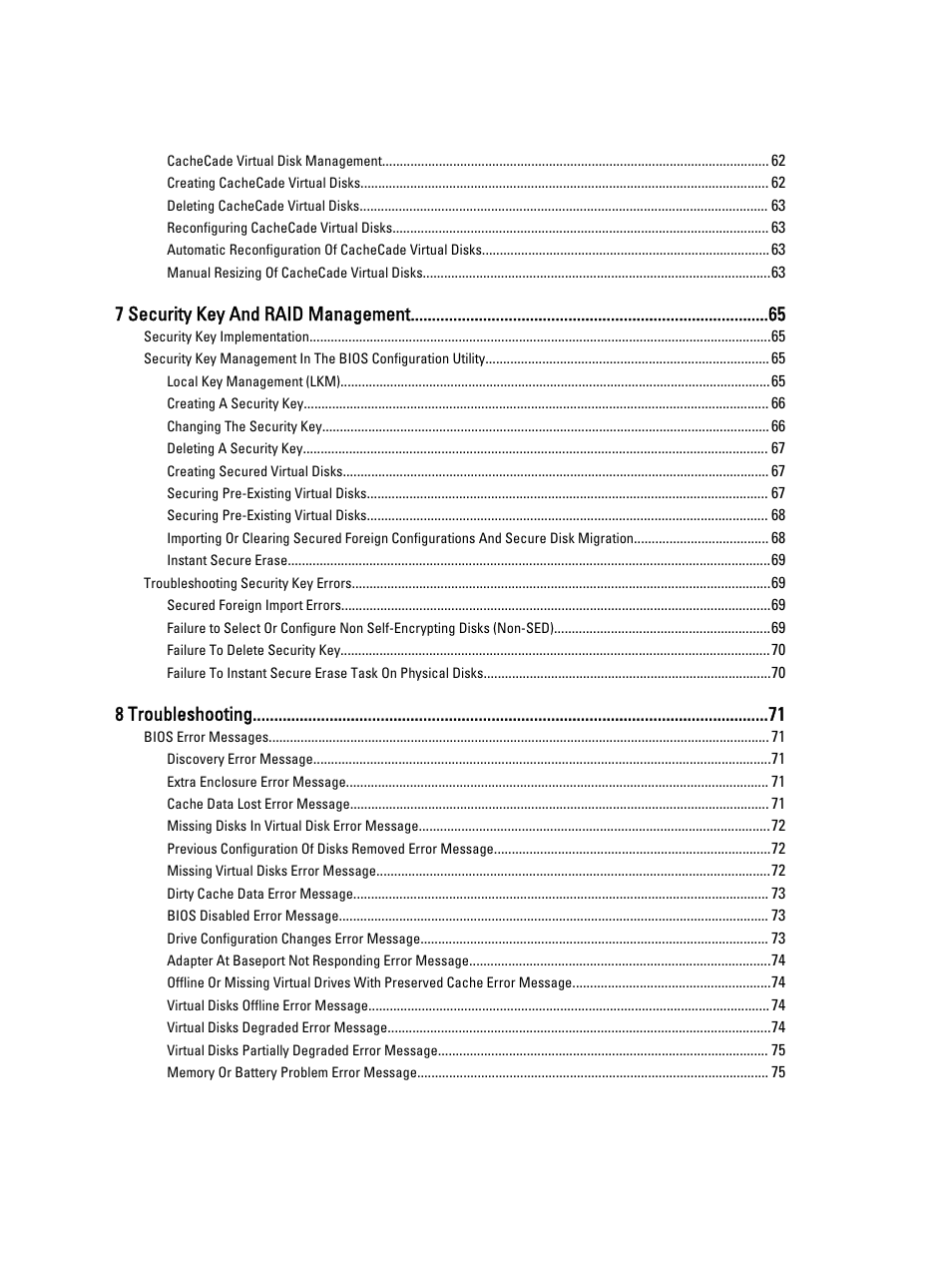 7 security key and raid management, 8 troubleshooting | Dell PowerEdge RAID Controller H710 User Manual | Page 6 / 87