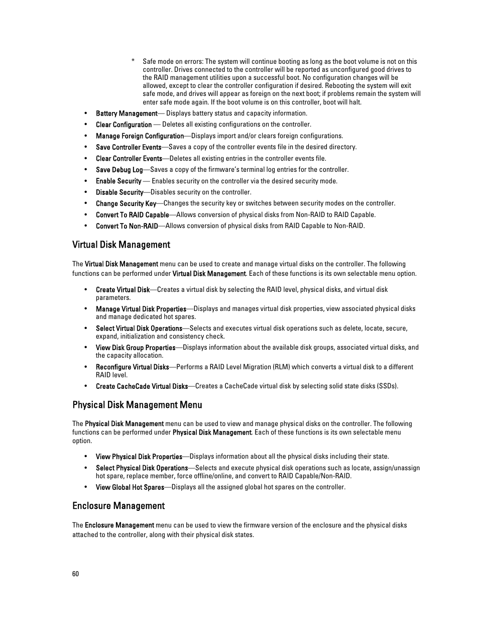 Virtual disk management, Physical disk management menu, Enclosure management | Dell PowerEdge RAID Controller H710 User Manual | Page 60 / 87