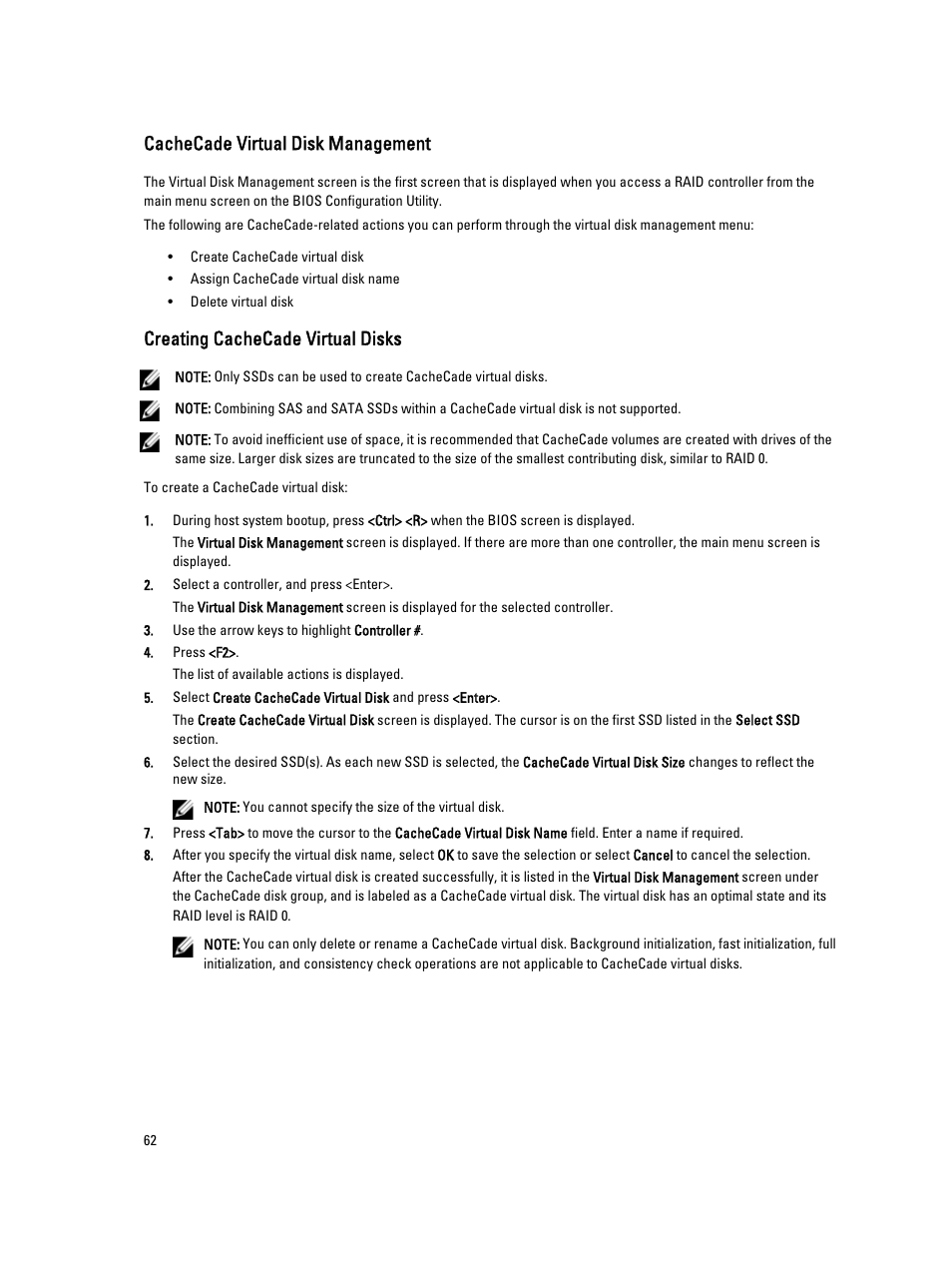 Cachecade virtual disk management, Creating cachecade virtual disks | Dell PowerEdge RAID Controller H710 User Manual | Page 62 / 87