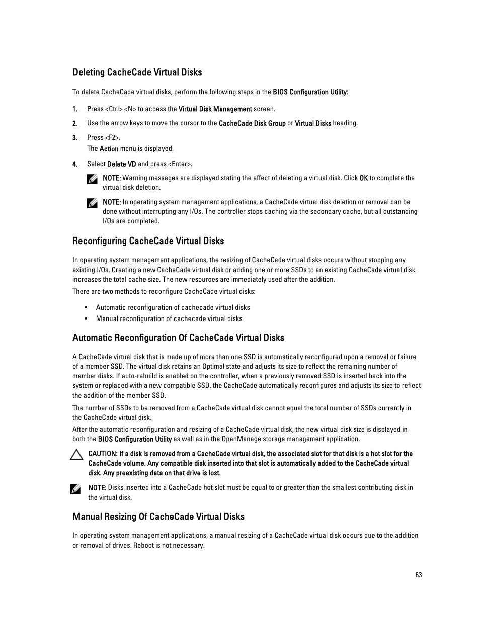 Deleting cachecade virtual disks, Reconfiguring cachecade virtual disks, Manual resizing of cachecade virtual disks | Dell PowerEdge RAID Controller H710 User Manual | Page 63 / 87