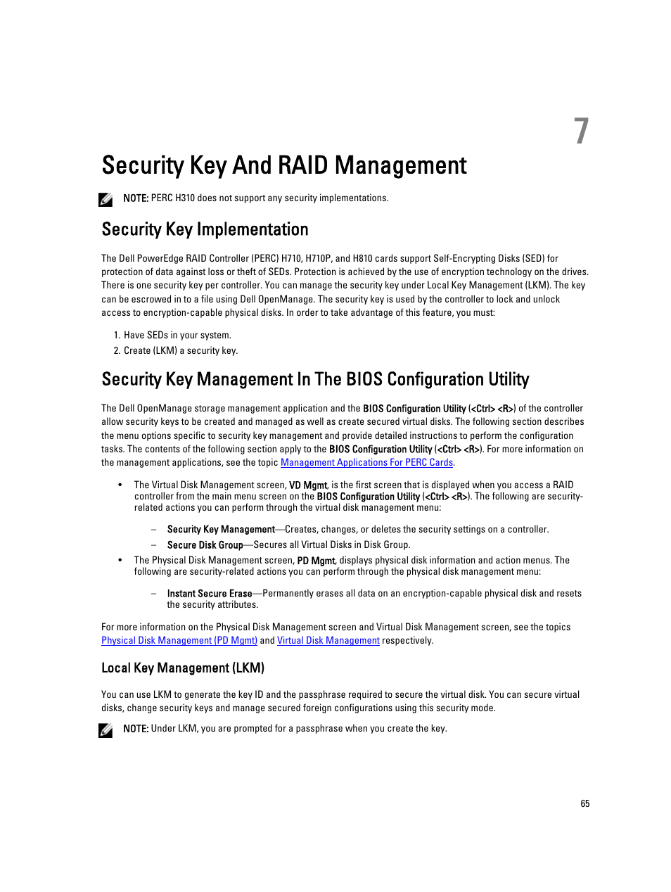 Security key and raid management, Security key implementation, Local key management (lkm) | 7 security key and raid management | Dell PowerEdge RAID Controller H710 User Manual | Page 65 / 87