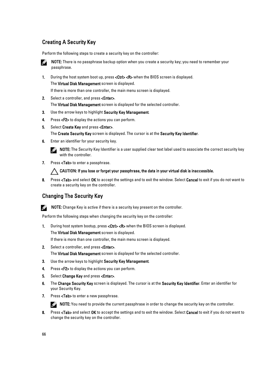 Creating a security key, Changing the security key | Dell PowerEdge RAID Controller H710 User Manual | Page 66 / 87