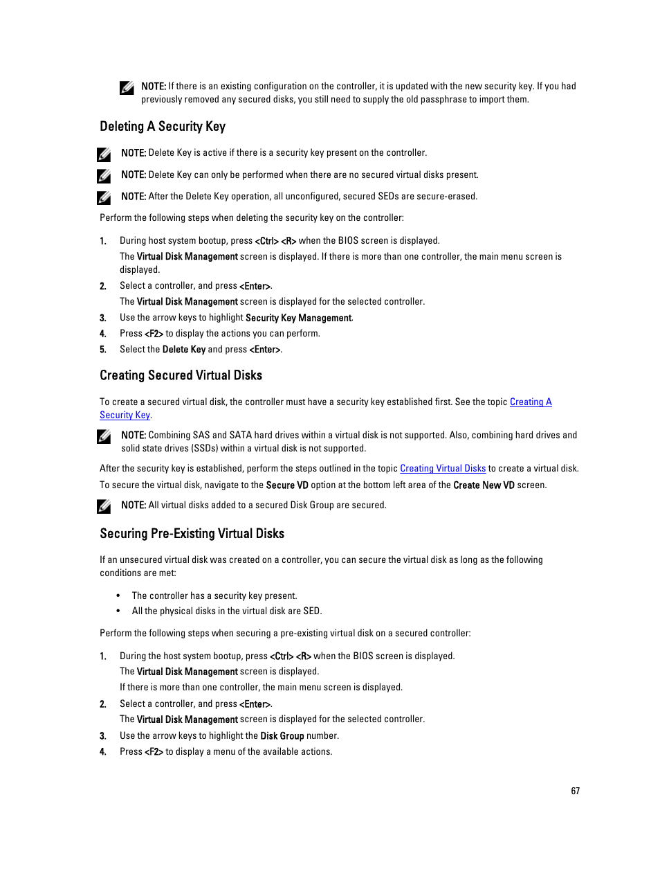 Deleting a security key, Creating secured virtual disks, Securing pre-existing virtual disks | Dell PowerEdge RAID Controller H710 User Manual | Page 67 / 87