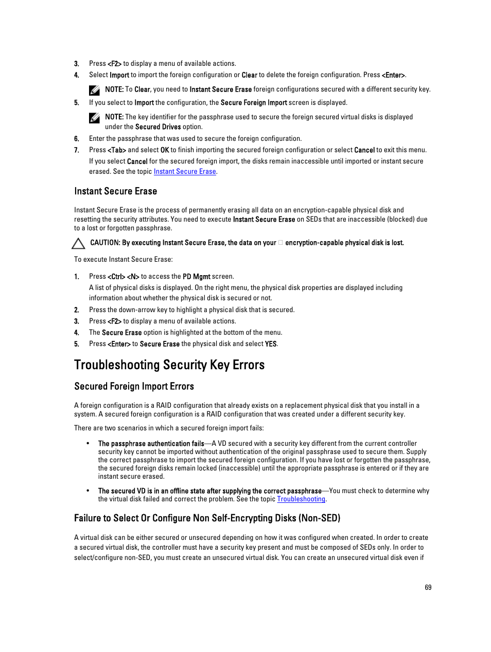 Instant secure erase, Troubleshooting security key errors, Secured foreign import errors | Dell PowerEdge RAID Controller H710 User Manual | Page 69 / 87