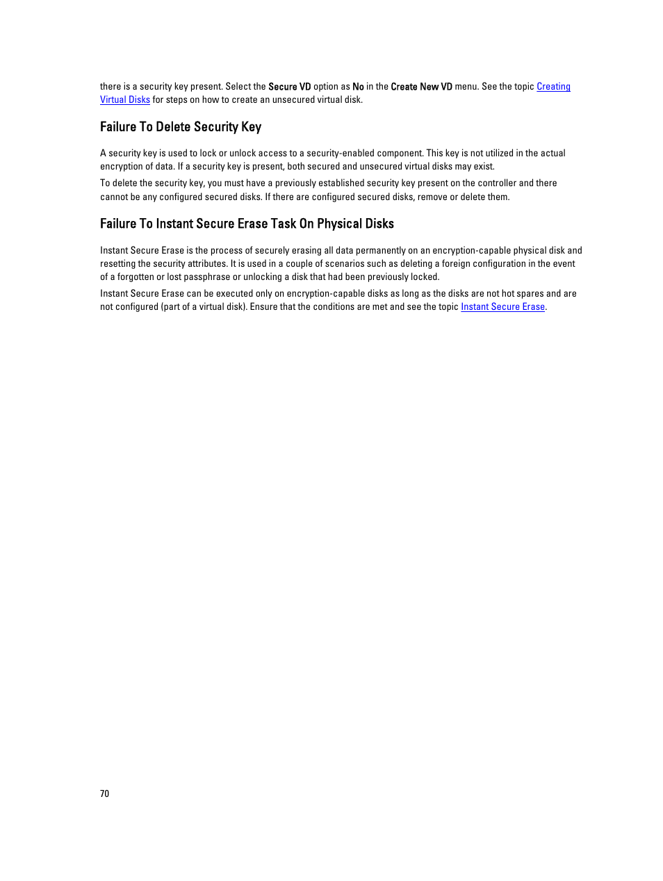 Failure to delete security key | Dell PowerEdge RAID Controller H710 User Manual | Page 70 / 87