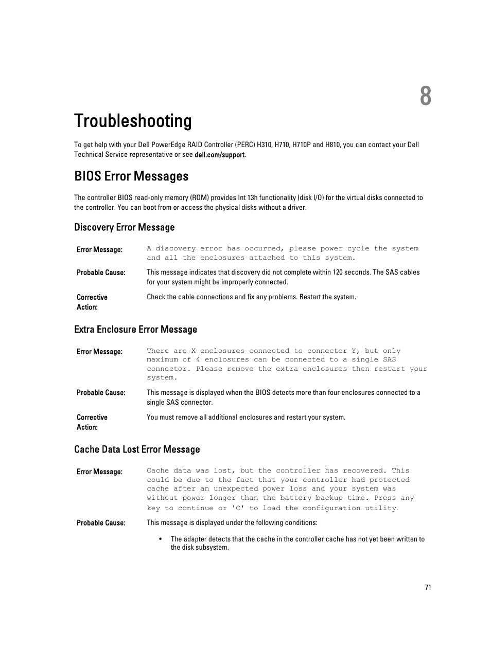 Troubleshooting, Bios error messages, Discovery error message | Extra enclosure error message, Cache data lost error message, 8 troubleshooting | Dell PowerEdge RAID Controller H710 User Manual | Page 71 / 87