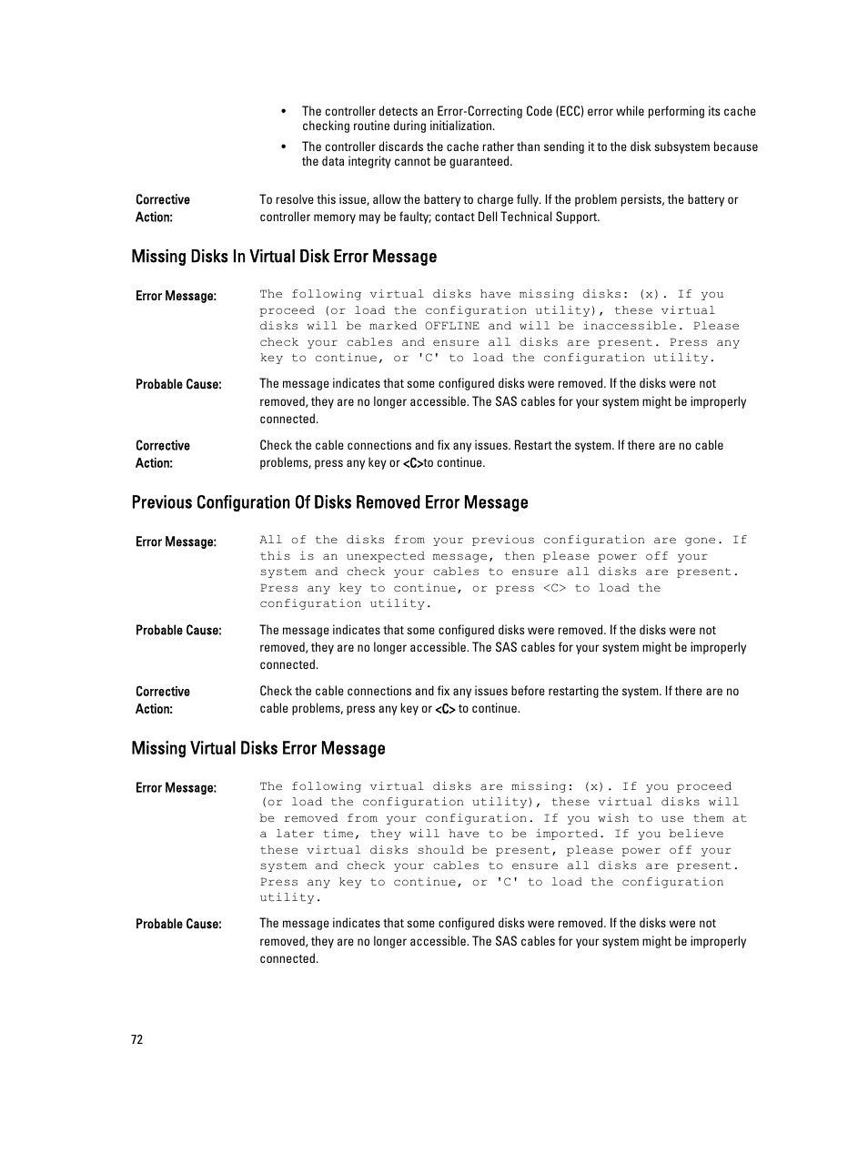 Missing disks in virtual disk error message, Missing virtual disks error message | Dell PowerEdge RAID Controller H710 User Manual | Page 72 / 87