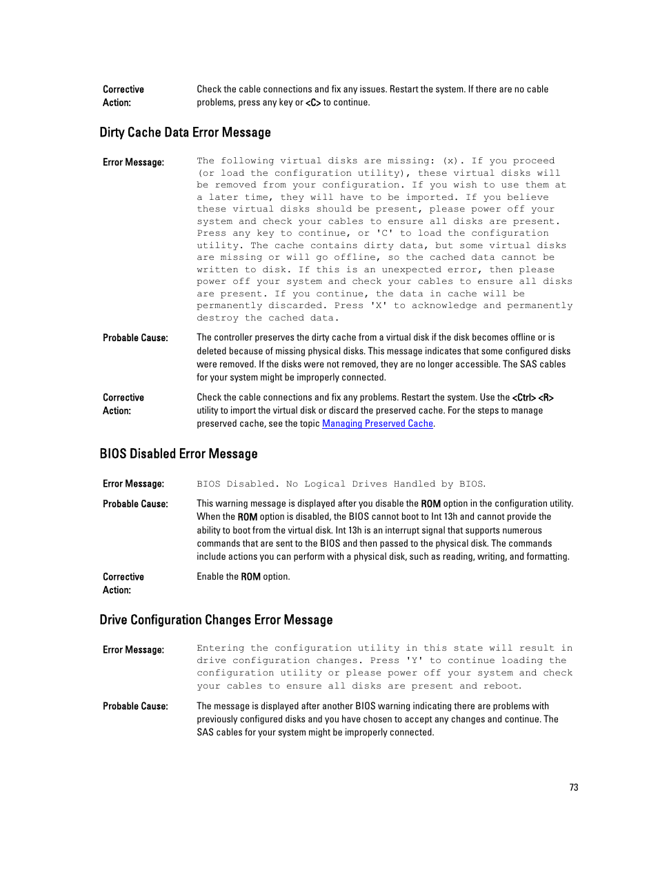 Dirty cache data error message, Bios disabled error message, Drive configuration changes error message | Dell PowerEdge RAID Controller H710 User Manual | Page 73 / 87