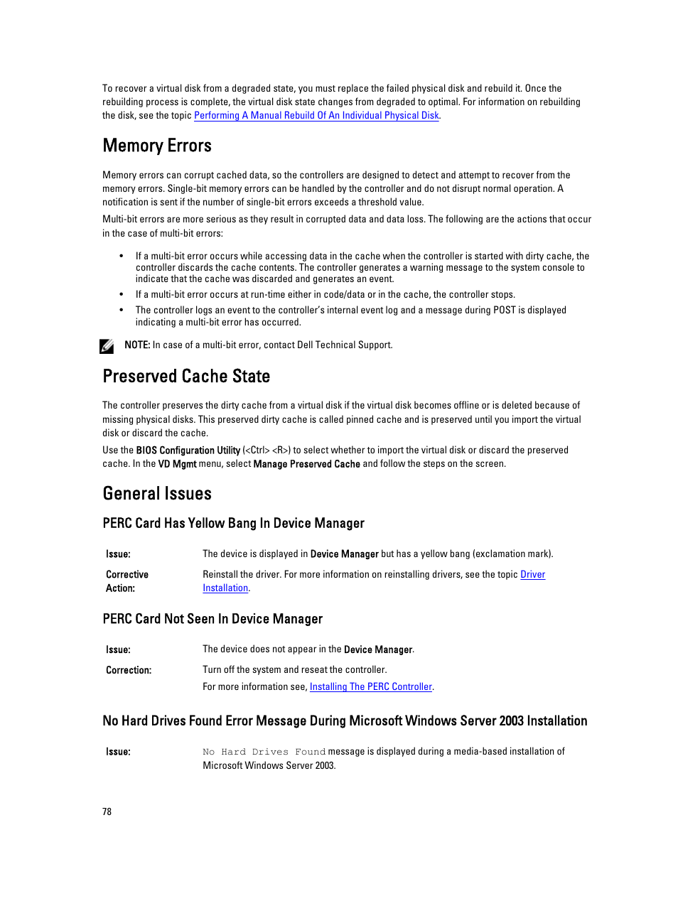 Memory errors, Preserved cache state, General issues | Perc card has yellow bang in device manager, Perc card not seen in device manager | Dell PowerEdge RAID Controller H710 User Manual | Page 78 / 87