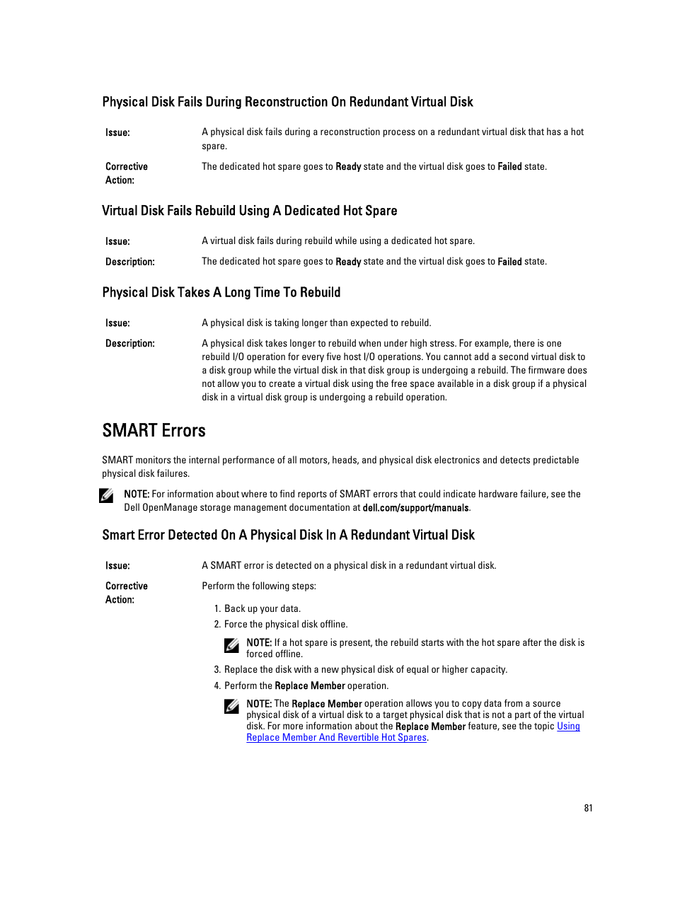 Physical disk takes a long time to rebuild, Smart errors | Dell PowerEdge RAID Controller H710 User Manual | Page 81 / 87
