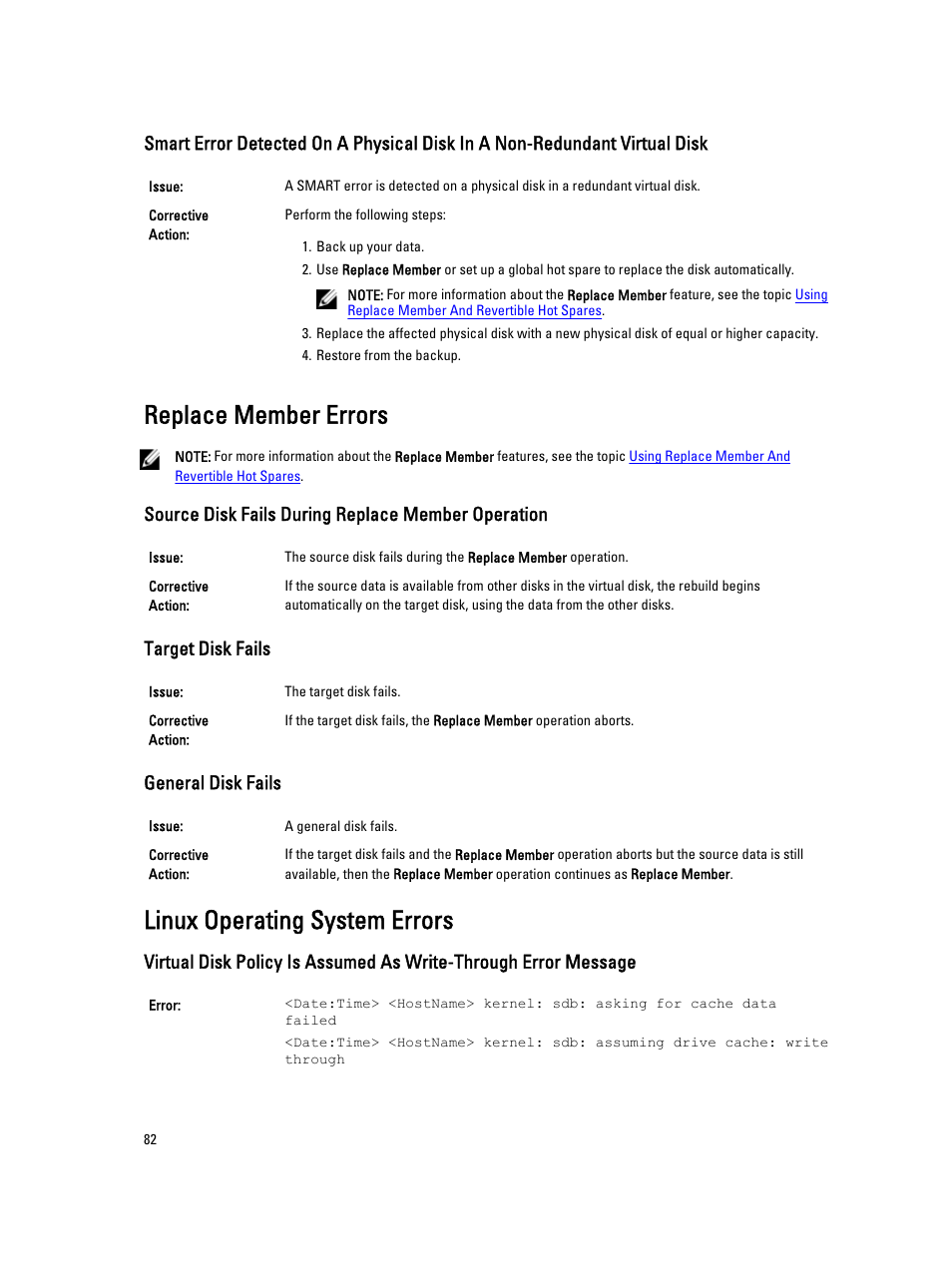 Replace member errors, Source disk fails during replace member operation, Target disk fails | General disk fails, Linux operating system errors | Dell PowerEdge RAID Controller H710 User Manual | Page 82 / 87