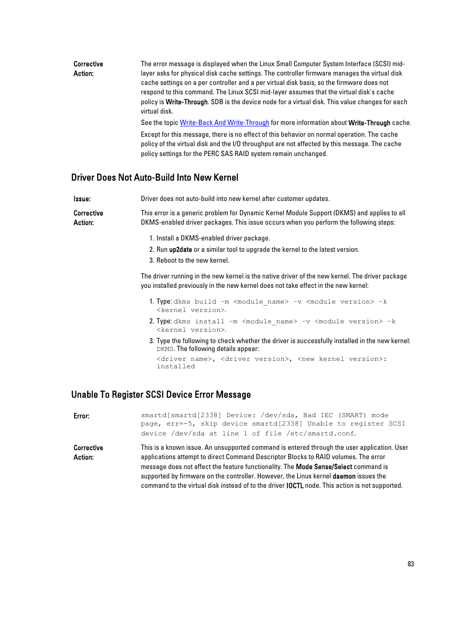 Driver does not auto-build into new kernel, Unable to register scsi device error message | Dell PowerEdge RAID Controller H710 User Manual | Page 83 / 87