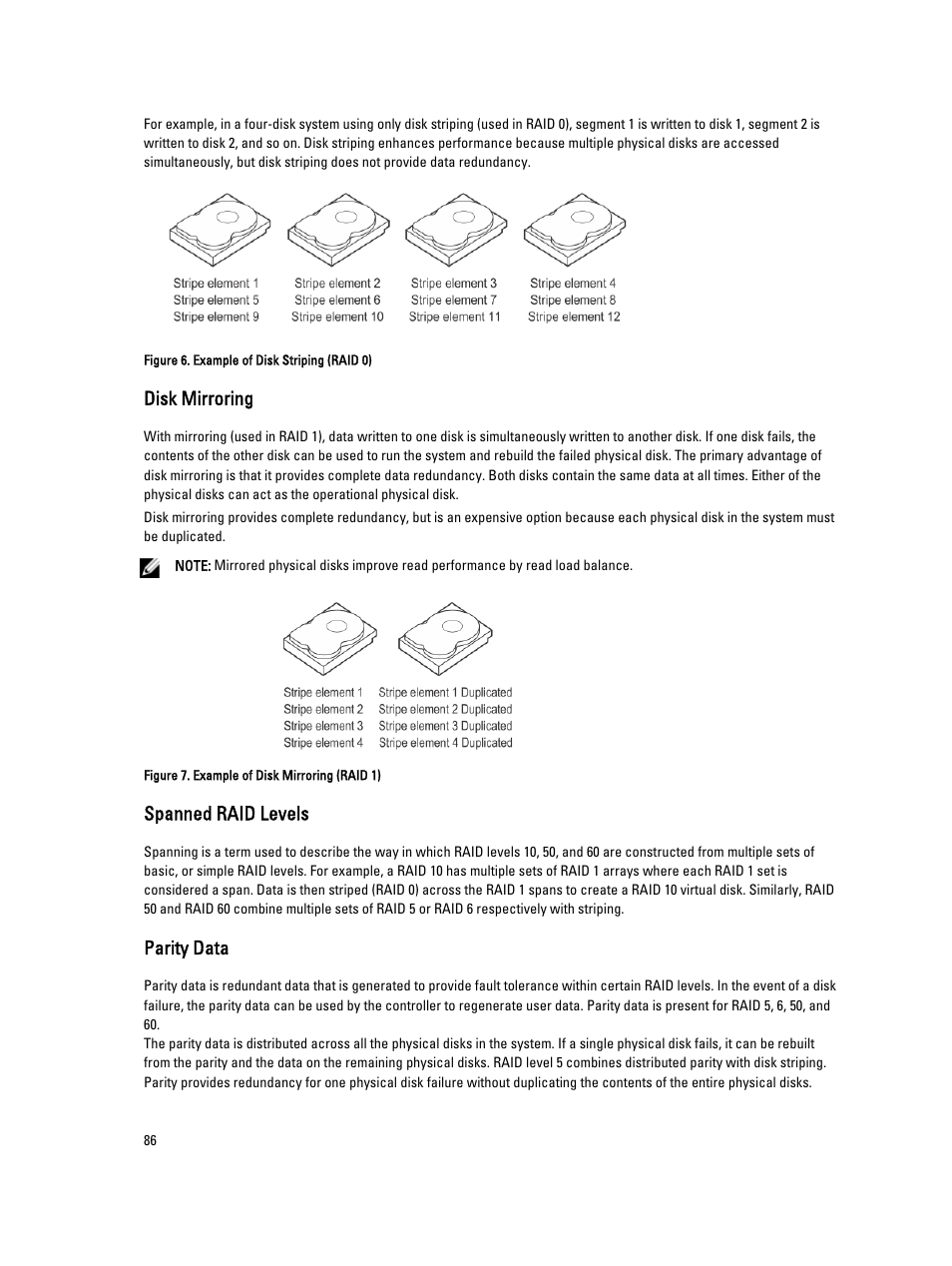 Disk mirroring, Spanned raid levels, Parity data | Dell PowerEdge RAID Controller H710 User Manual | Page 86 / 87