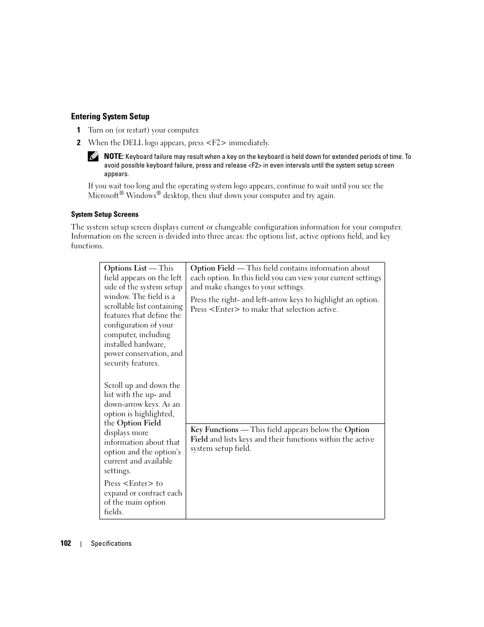 Entering system setup | Dell XPS 210 User Manual | Page 102 / 136