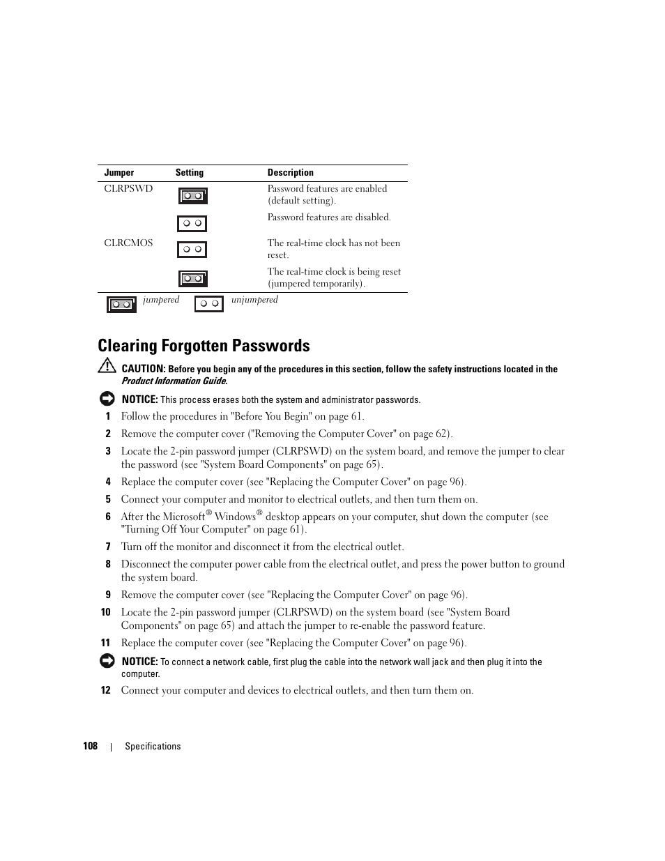 Clearing forgotten passwords | Dell XPS 210 User Manual | Page 108 / 136