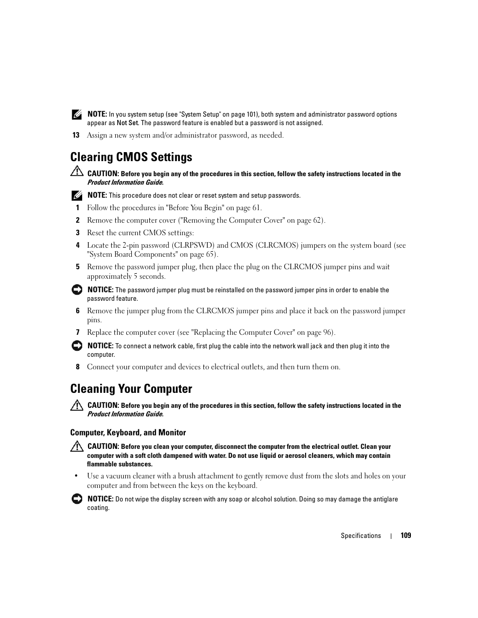 Clearing cmos settings, Cleaning your computer, Computer, keyboard, and monitor | Dell XPS 210 User Manual | Page 109 / 136