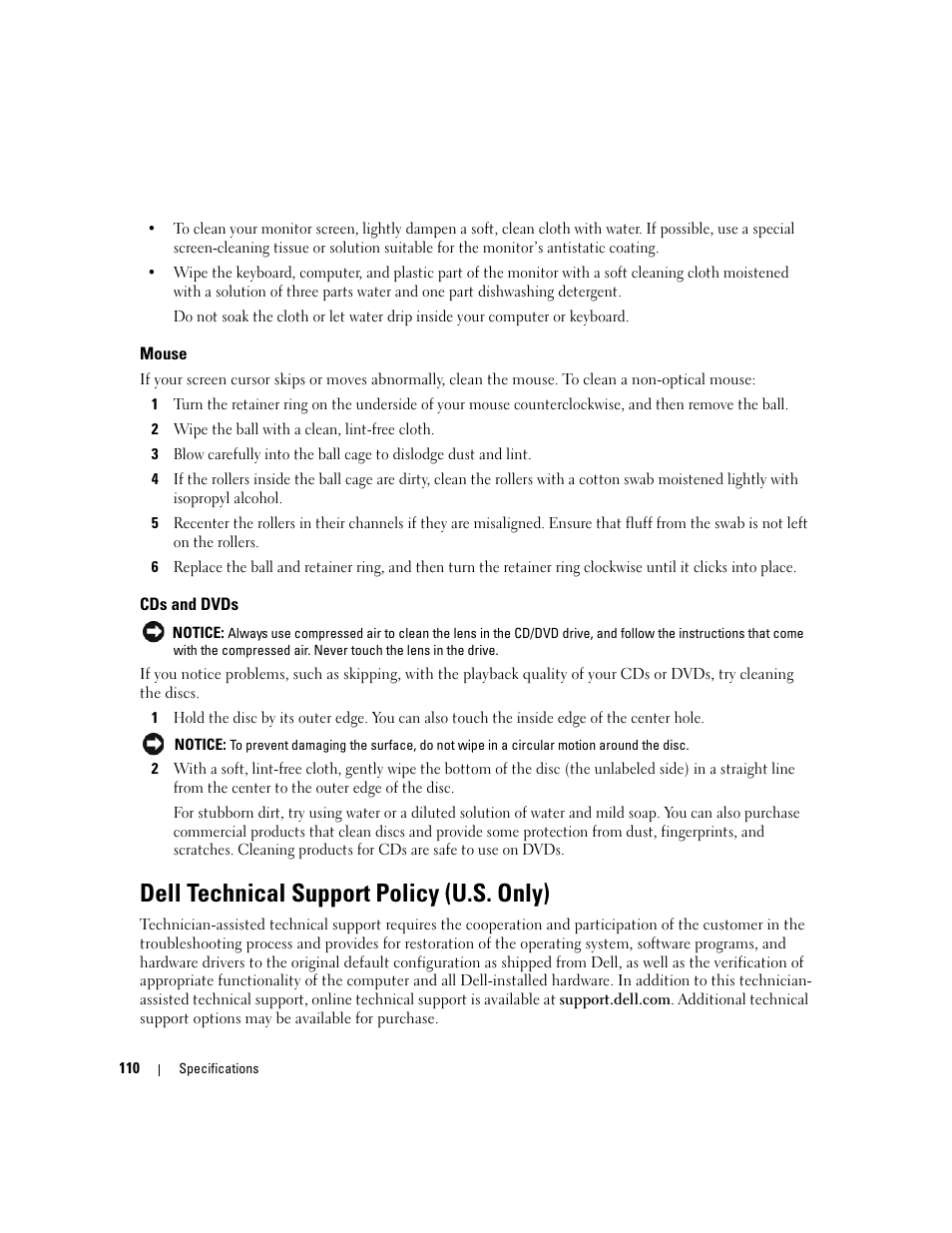 Mouse, Cds and dvds, Dell technical support policy (u.s. only) | Dell XPS 210 User Manual | Page 110 / 136