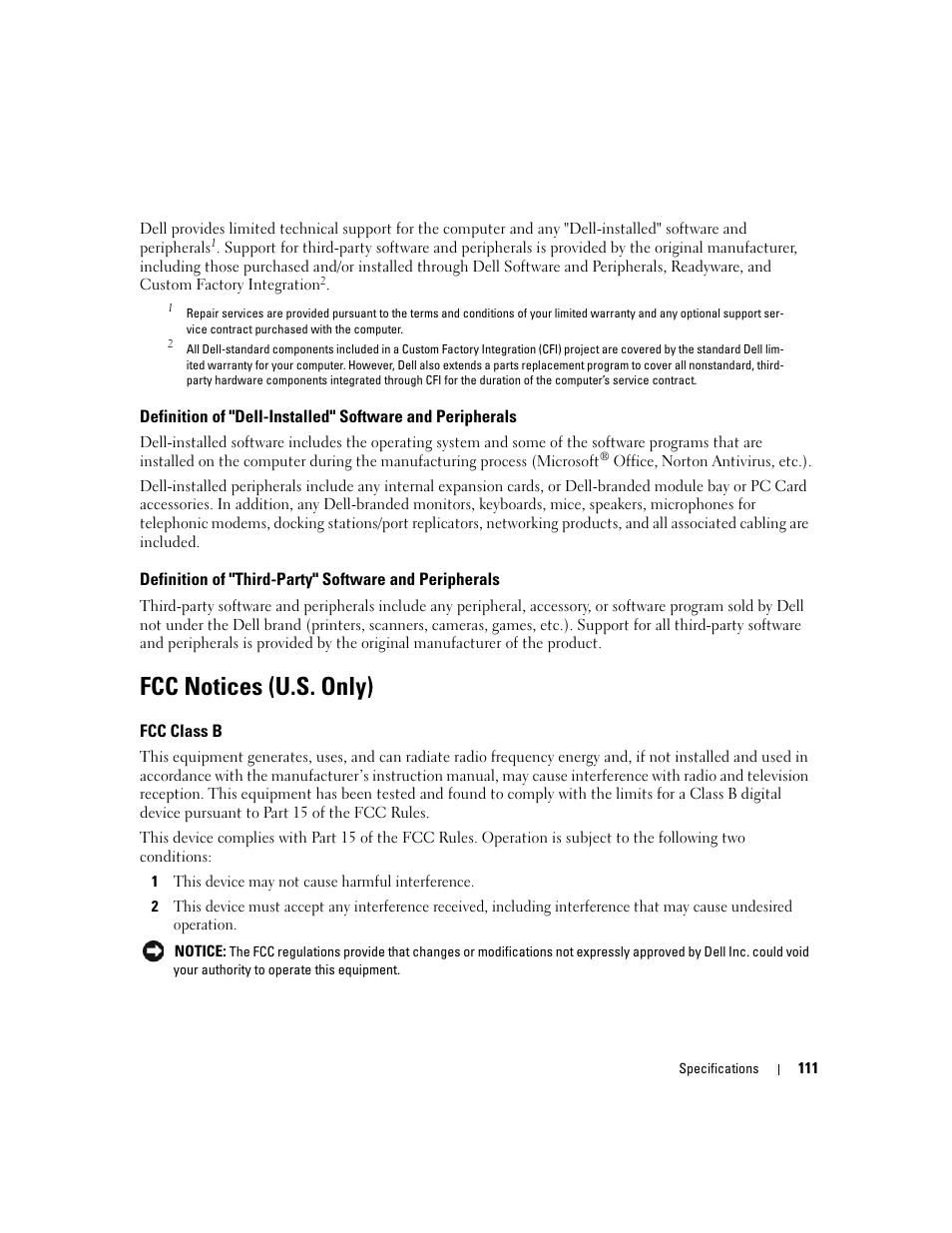 Fcc notices (u.s. only), Fcc class b | Dell XPS 210 User Manual | Page 111 / 136