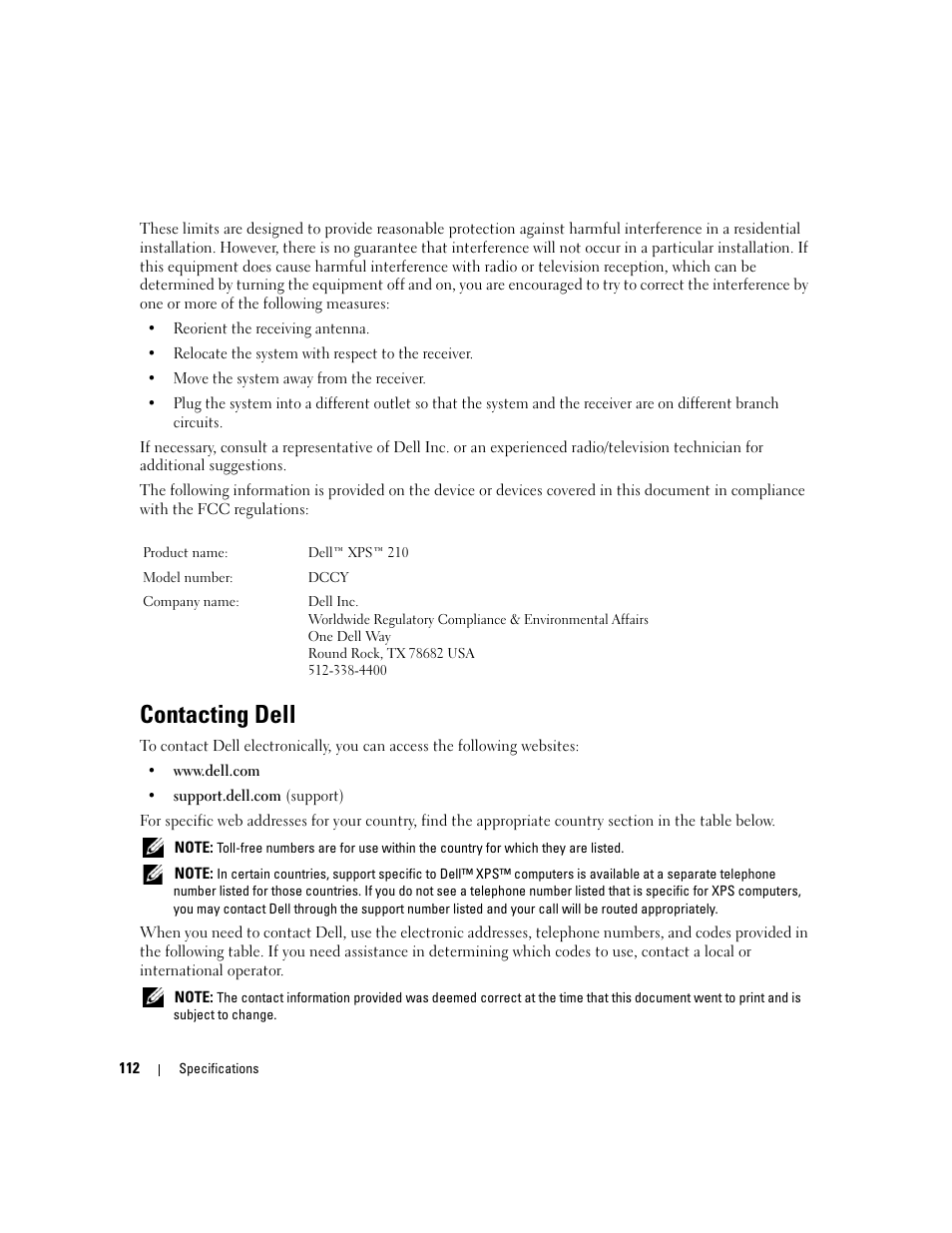 Contacting dell, Contact dell (see "contacting dell" on | Dell XPS 210 User Manual | Page 112 / 136