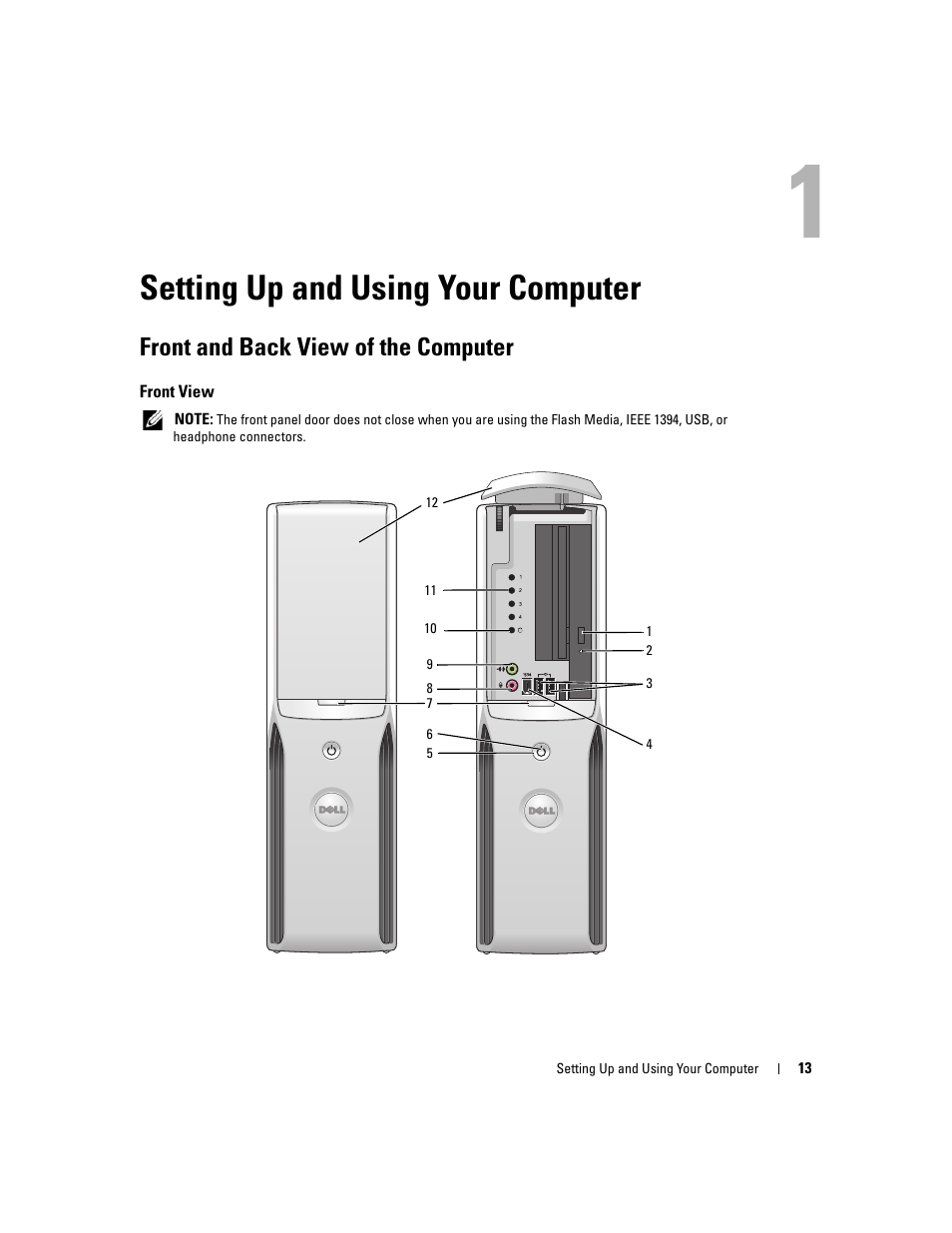 Setting up and using your computer, Front and back view of the computer, Front view | Dell XPS 210 User Manual | Page 13 / 136
