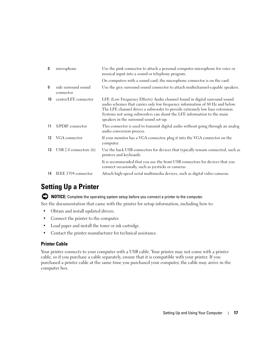 Setting up a printer, Printer cable | Dell XPS 210 User Manual | Page 17 / 136