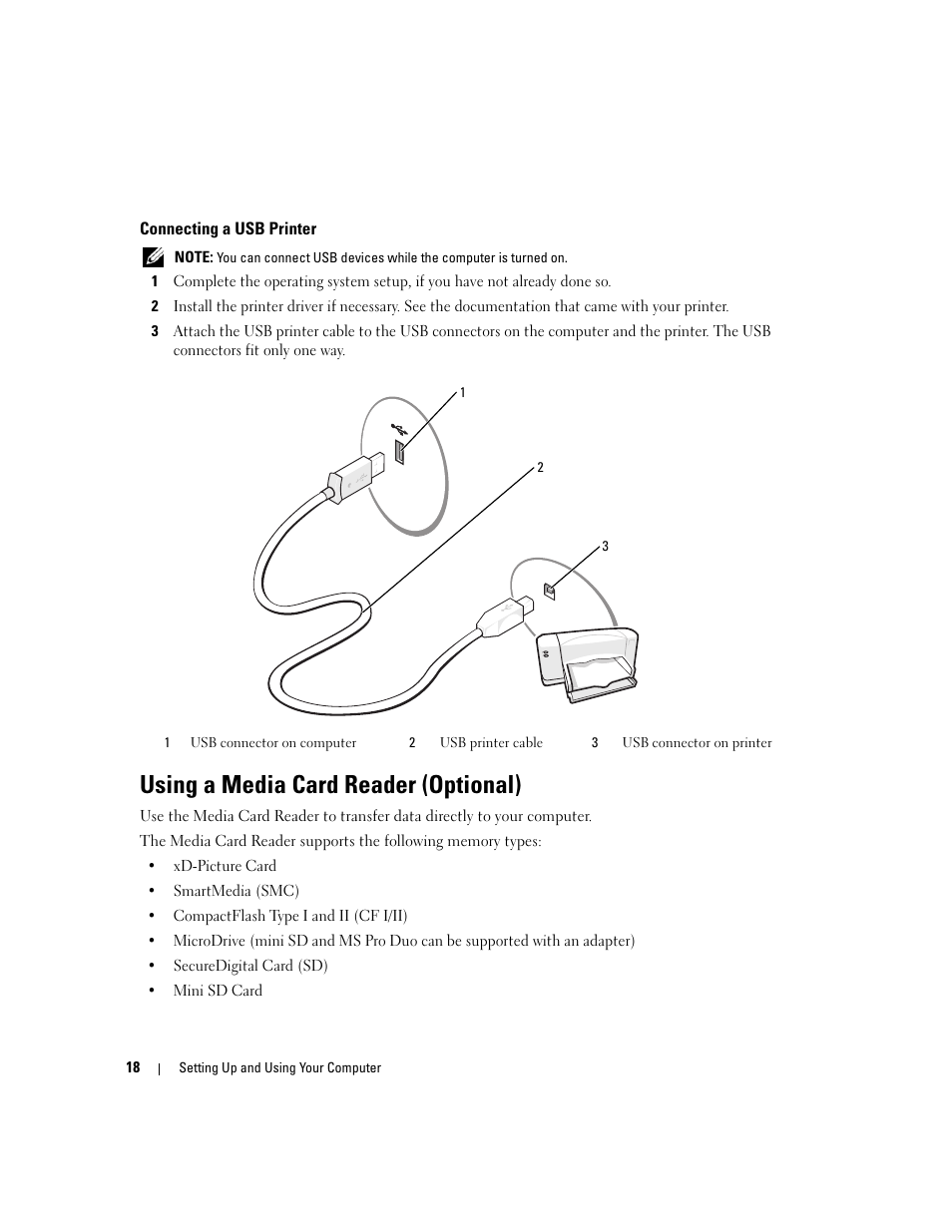 Connecting a usb printer, Using a media card reader (optional) | Dell XPS 210 User Manual | Page 18 / 136